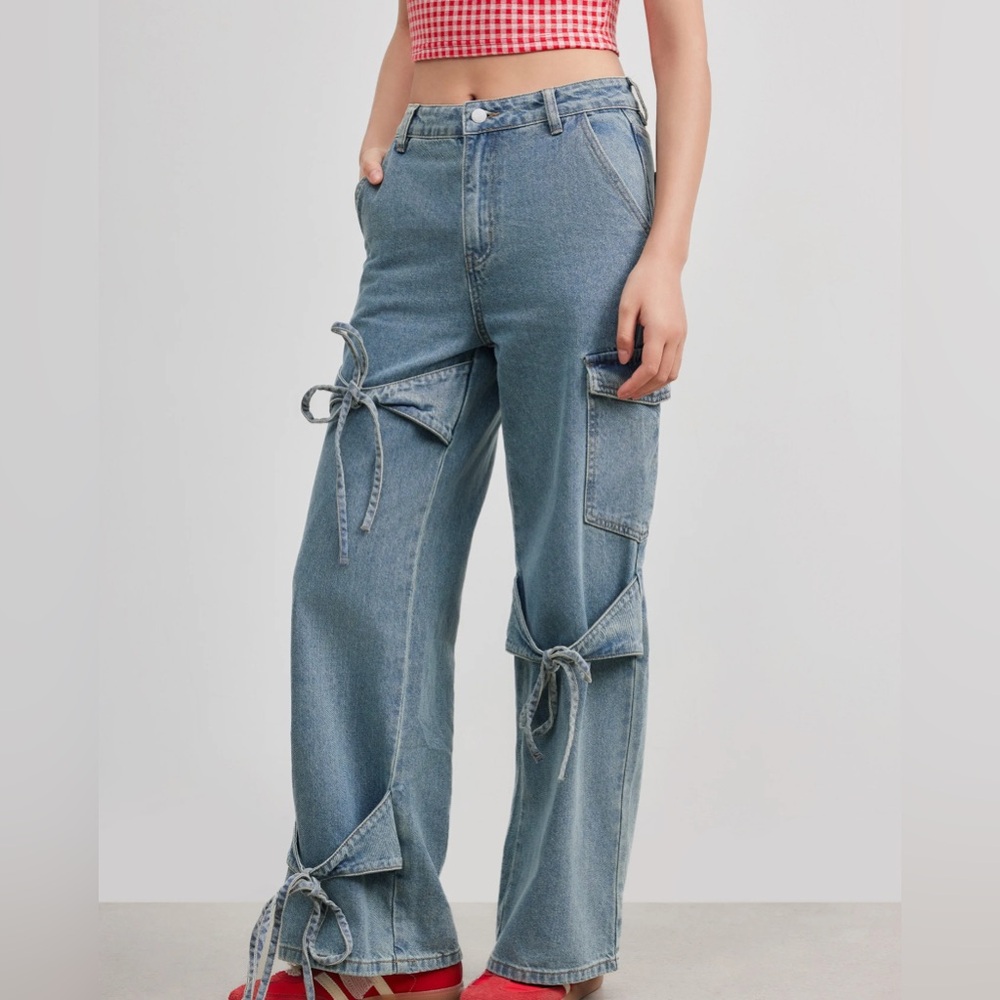 CIDER Denim Low Rise Solid Bowknot Pocket Wide Leg New Oversized Jeans Size M
